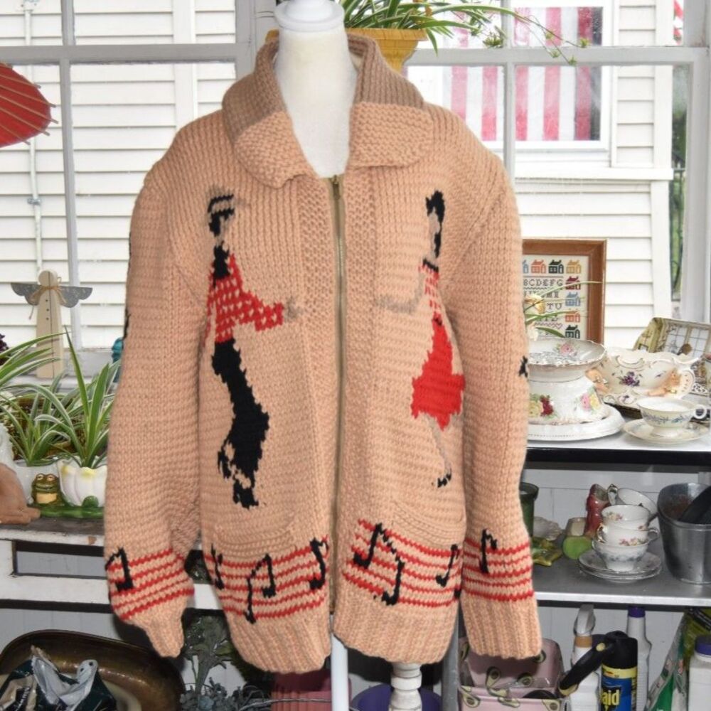 Vintage 1950s Cowichan Style Wool Sweater Dancing Couple Music Notes Large